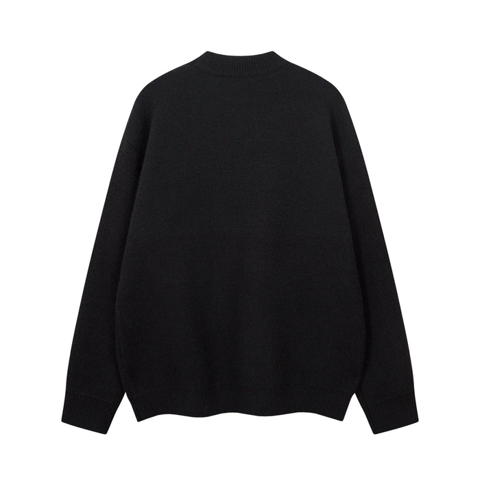 Black knit sweater front with ribbed trim and plain crew neck