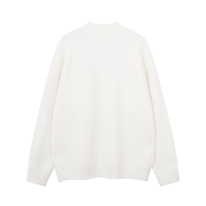 White knit sweater back view with plain ribbed crew neck and hem