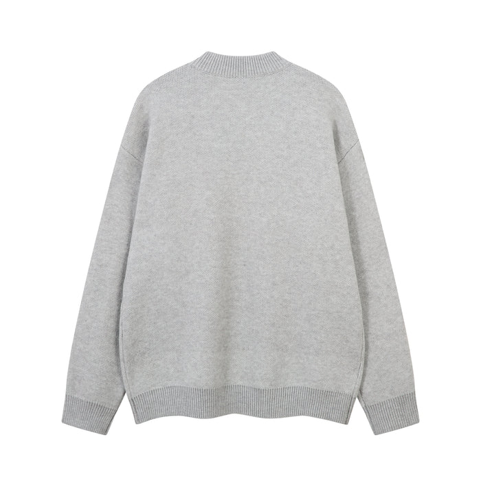 Gray knit sweater back view with plain ribbed crew neck and hem