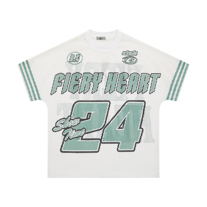 White mesh jersey tee with teal varsity-style Fiery Heart 24 graphic and striped sleeve accents