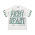 White mesh jersey tee with teal varsity-style Fiery Heart lettering and striped sleeve accents on the back