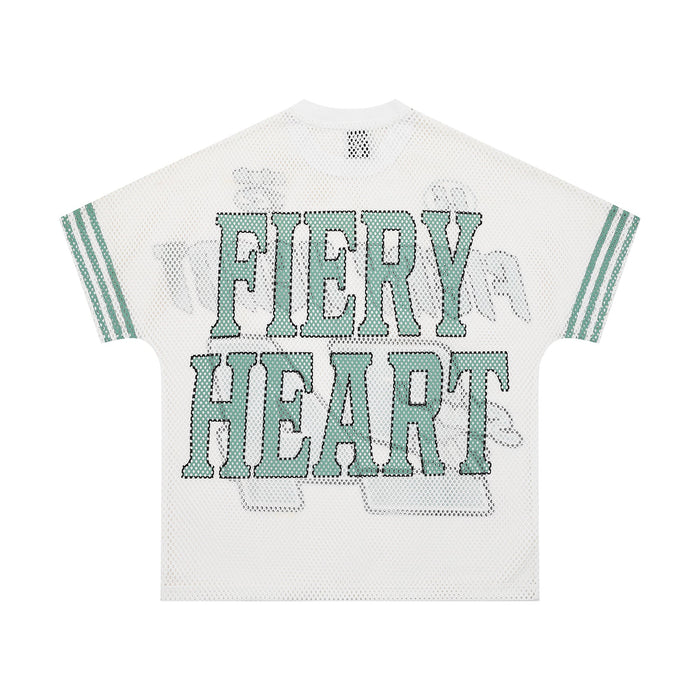 White mesh jersey tee with teal varsity-style Fiery Heart lettering and striped sleeve accents on the back