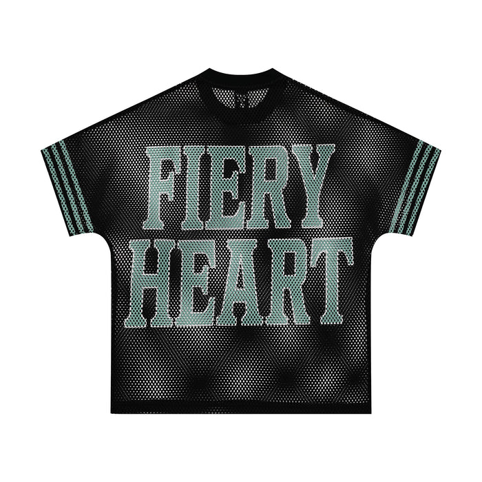 Black mesh jersey tee with oversized mint varsity text reading Fiery Heart on the front and striped sleeves