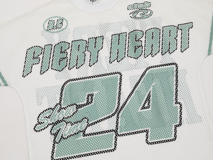 White mesh jersey tee with mint varsity-style graphics, Fiery Heart 24 print, and bold streetwear lettering
