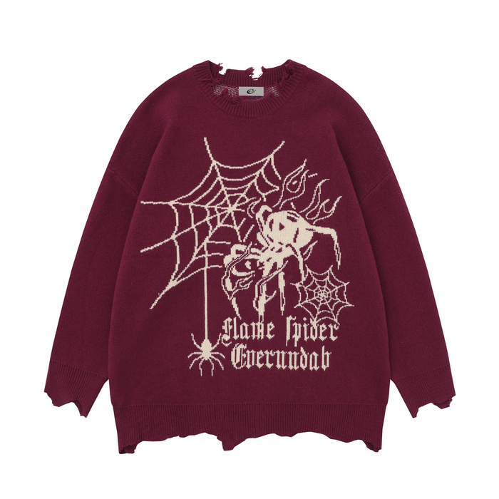 Burgundy knit sweater front with spider web and spider graphic, distressed collar and hem