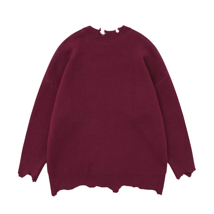 Burgundy knit sweater back view with ripped collar, ribbed cuffs, and distressed hem