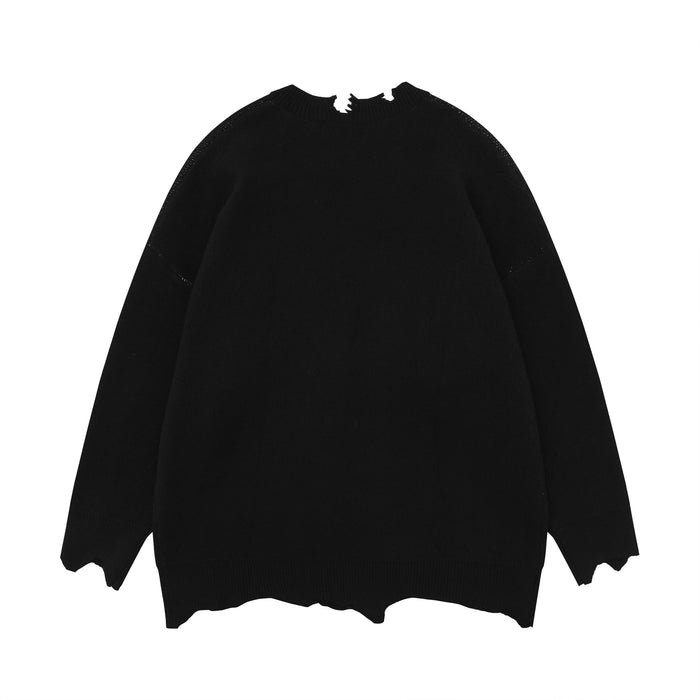 Black knit sweater back view with ripped collar, ribbed cuffs, and distressed hem