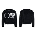 Black fluffy knit sweater with white jacquard laurel crest and Conquer The World slogan, front and back view