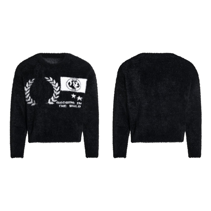 Black fluffy knit sweater with white jacquard laurel crest and Conquer The World slogan, front and back view