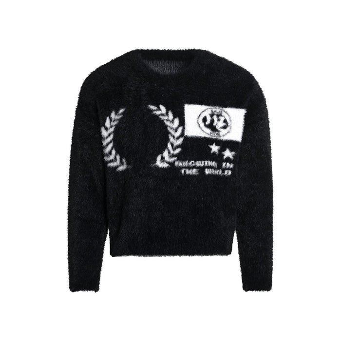 Black fuzzy pullover sweater with white crest-style graphic on the front