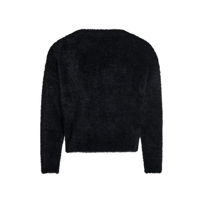Back view of a black fluffy knit sweater with a plain fuzzy surface