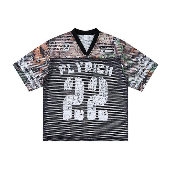 Omirad Fly Rich 22 camo and black mesh jersey t-shirt with distressed number graphic, front view