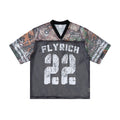 Omirad Fly Rich 22 camo and black mesh jersey t-shirt with distressed number graphic, front view