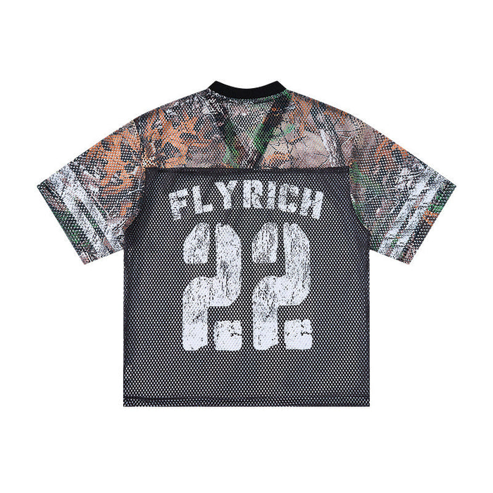 Seakoff Fly Rich 22 camo mesh jersey T-shirt with black body, camouflage sleeves, and bold front graphic print
