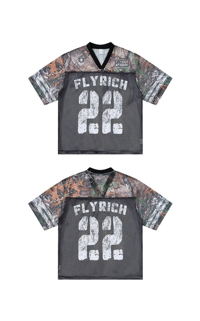 Seakoff Fly Rich 22 camo mesh jersey T-shirt with black V-neck and oversized streetwear print