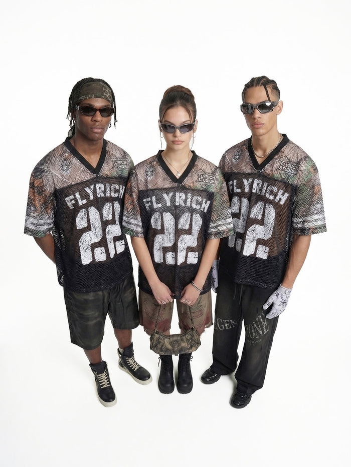 Three models wearing oversized camo mesh jersey T-shirts with bold Fly Rich 22 print and streetwear styling