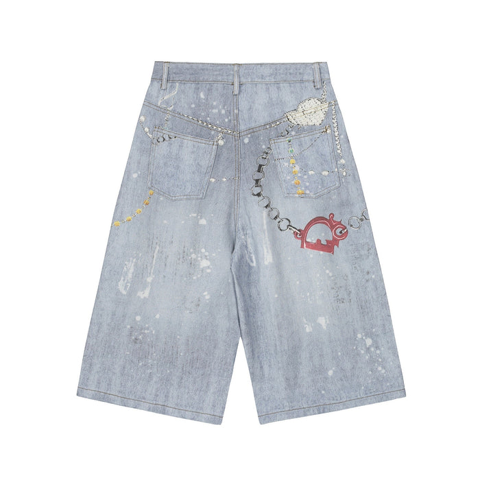 Back view of light wash wide-leg denim shorts with chain print and red heart graphic