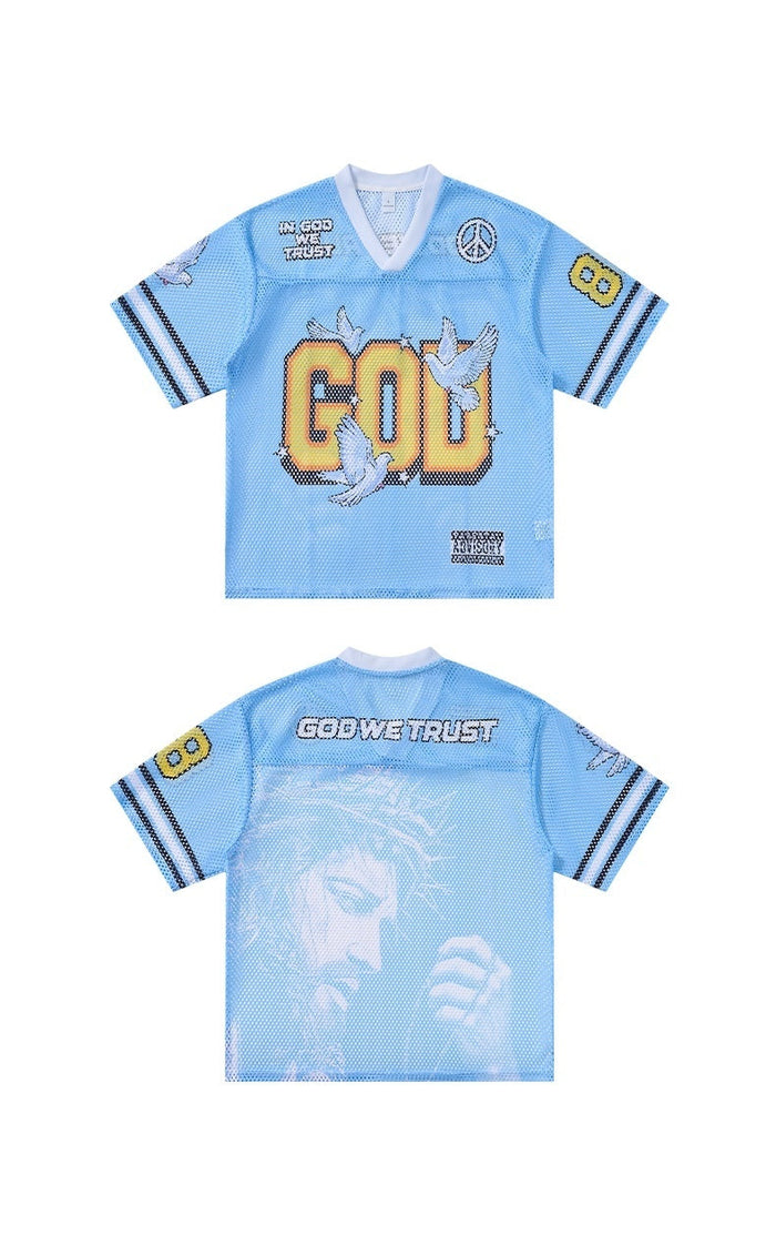 Light blue mesh jersey T-shirt with bold GOD graphic, dove details, and streetwear-inspired trims, front and back view