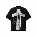 Black oversized Gothic tee with a bold white cross graphic and studded high neck detail