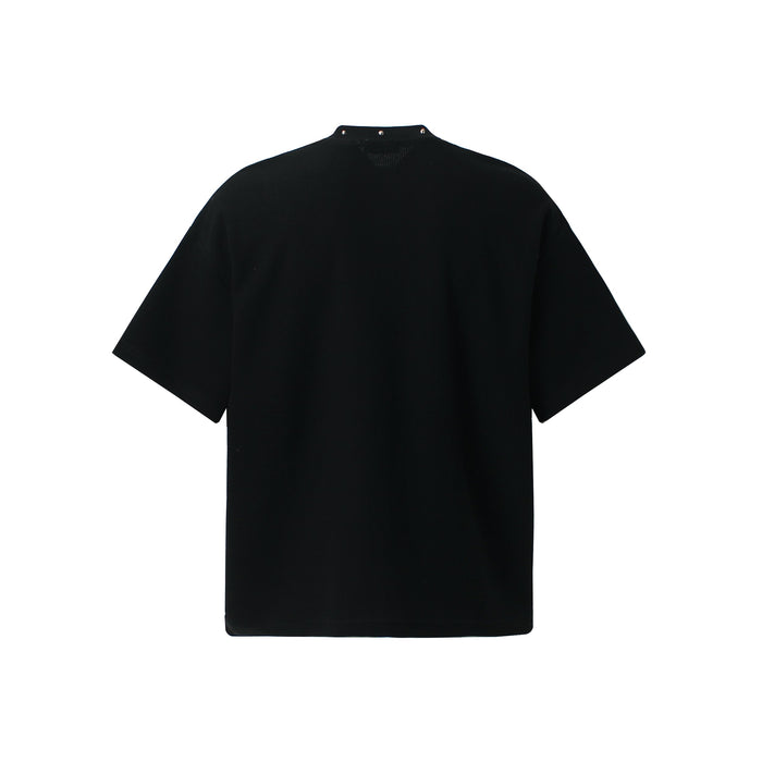 Black oversized gothic streetwear tee with a high neck and subtle metal studs on a plain white background