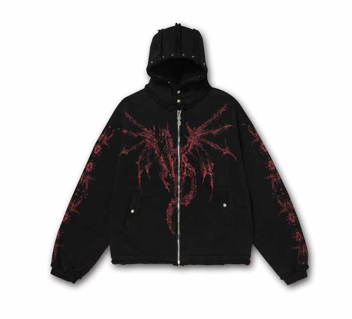 Black zip-up hoodie with red gothic dragon graphic print across chest and sleeves, studded hood detail