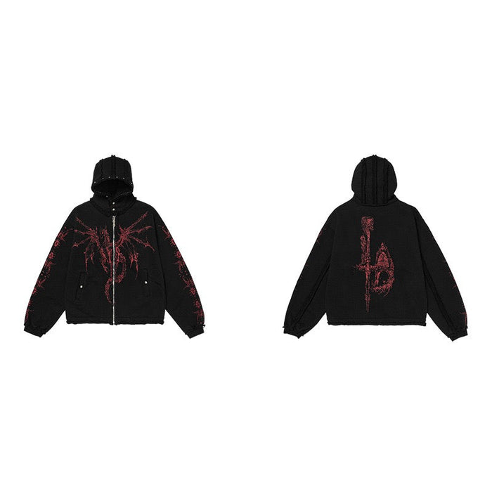 Black hooded zip-up hoodie shown front and back with red dragon graphics