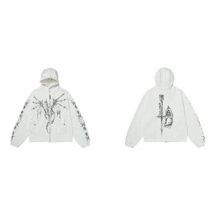 White hooded zip-up hoodie shown front and back with black dragon graphics
