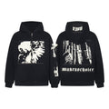 Black oversized zip-up hoodie with monochrome winged skull front graphic panel and gothic cathedral sleeve print