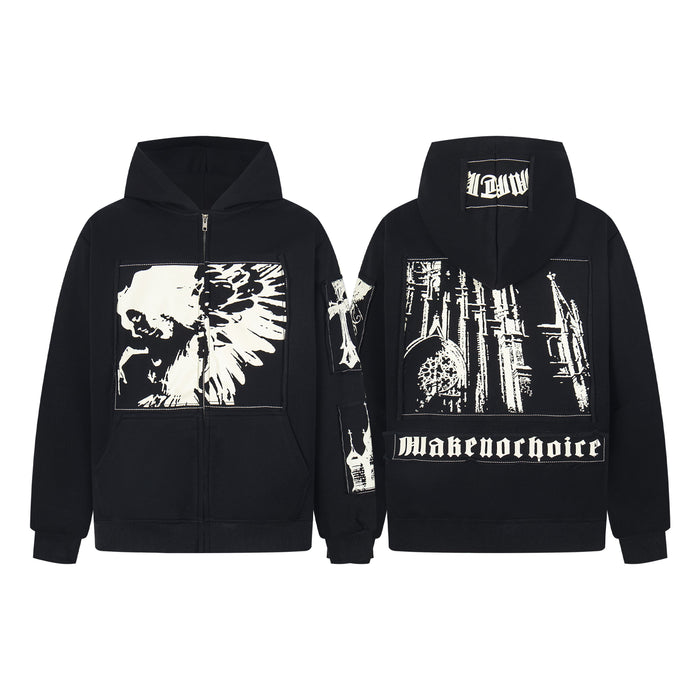 Black oversized zip-up hoodie with monochrome winged skull front graphic panel and gothic cathedral sleeve print