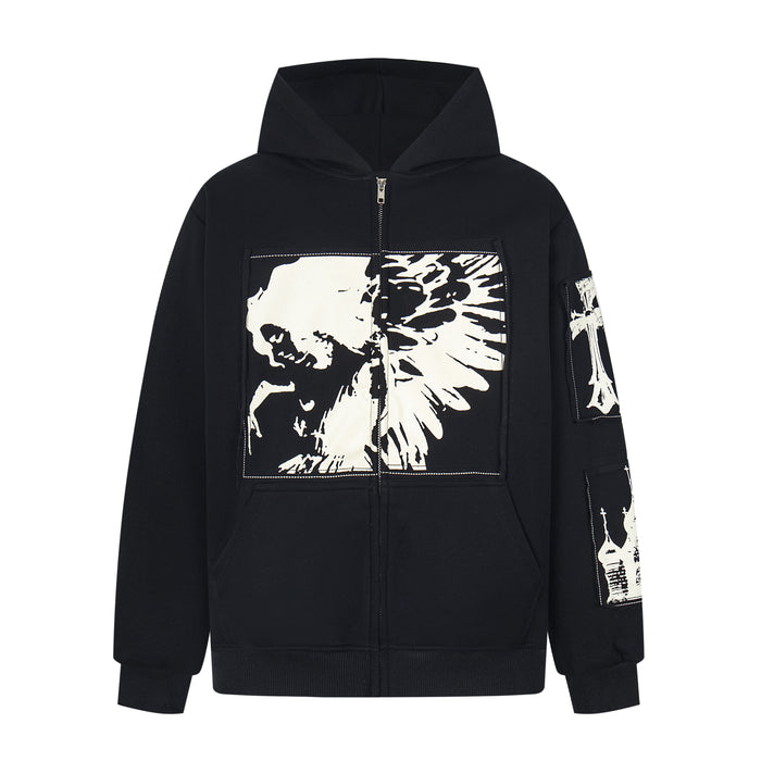 Black zip-up hoodie with white skull graphic on the front and sleeve