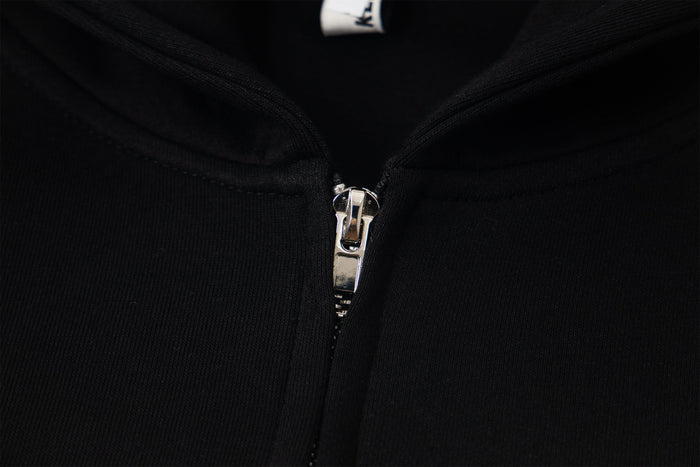 Close-up of black hoodie zipper and ribbed fabric texture