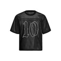 Black mesh jersey tee with oversized white number 10 graphic and gothic streetwear styling