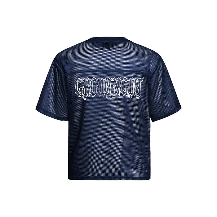 Navy mesh jersey tee with Gothic GROWINGKIT lettering on the back, short sleeves and streetwear style