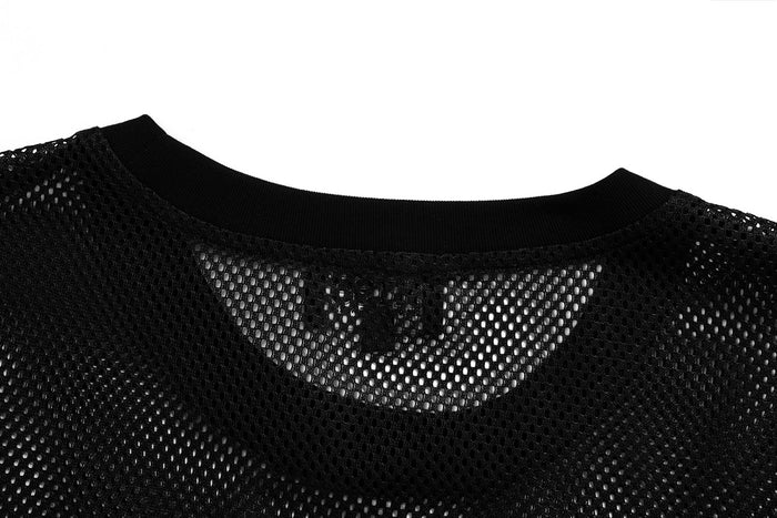 Black gothic mesh jersey tee with ribbed crew neck and sheer textured perforations