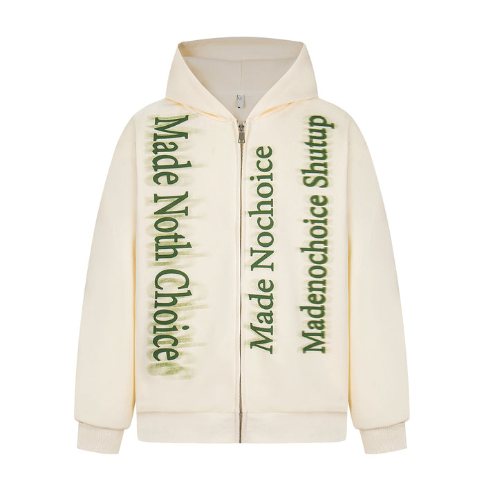 Cream zip hoodie front view with green gradient letter print and hood