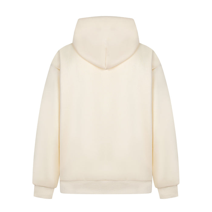 Cream zip hoodie back view with plain hood and ribbed hem