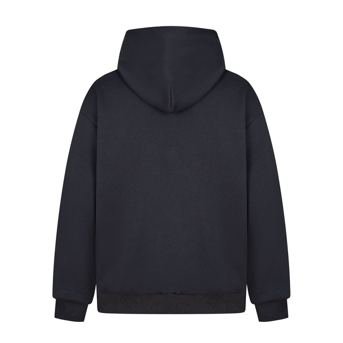 Black zip hoodie back view with plain hood and ribbed hem
