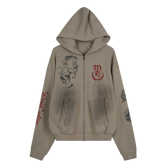 Khaki zip-up hoodie with rearing horse graphic, red monogram crest, and heraldic sleeve prints on white background