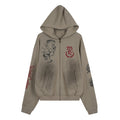 Khaki zip-up hoodie with rearing horse graphic, red monogram crest, and heraldic sleeve prints on white background