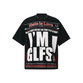 Black streetwear T-shirt with newspaper-style graphic reading Hate Is Love and oversized I M GLFS print