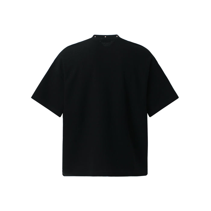 Black oversized graphic T-shirt with a high neck and short sleeves, shown flat against a white background