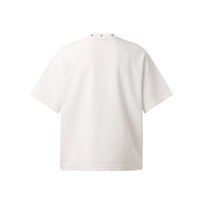 White textured short-sleeve graphic T-shirt with mock neck and snap detail, shown front view on a clean background