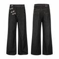 Front and back view of black wide-leg denim pants with asymmetrical silver metal hook closures and red contrast stitching