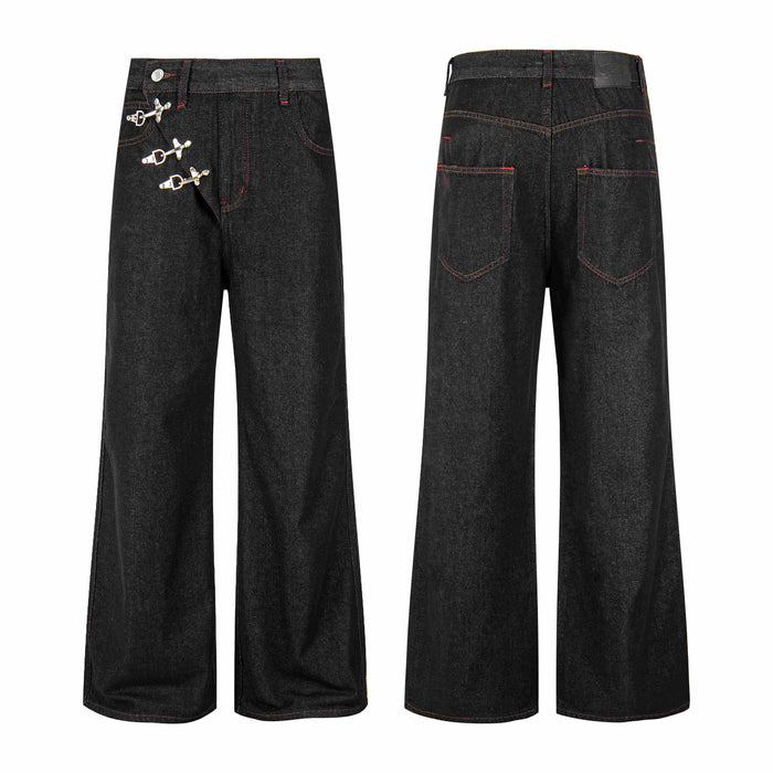 Front and back view of black wide-leg denim pants with asymmetrical silver metal hook closures and red contrast stitching