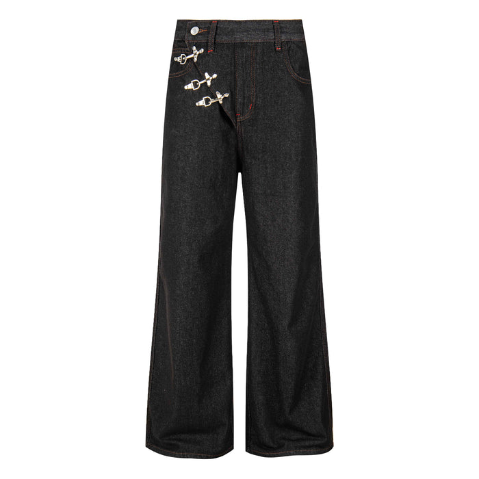 Dark wash wide-leg denim pants with front hook closures and straight-leg silhouette
