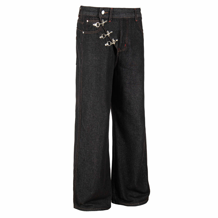 Front view of dark wash wide-leg denim pants with hook closures and five-pocket styling