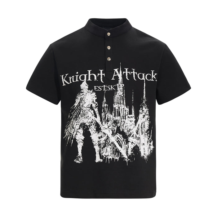 Black polo tee with knight attack graphic and gothic castle print on the front, featuring a buttoned collar