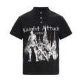 Black polo tee with knight attack graphic and gothic castle print on the front, featuring a buttoned collar