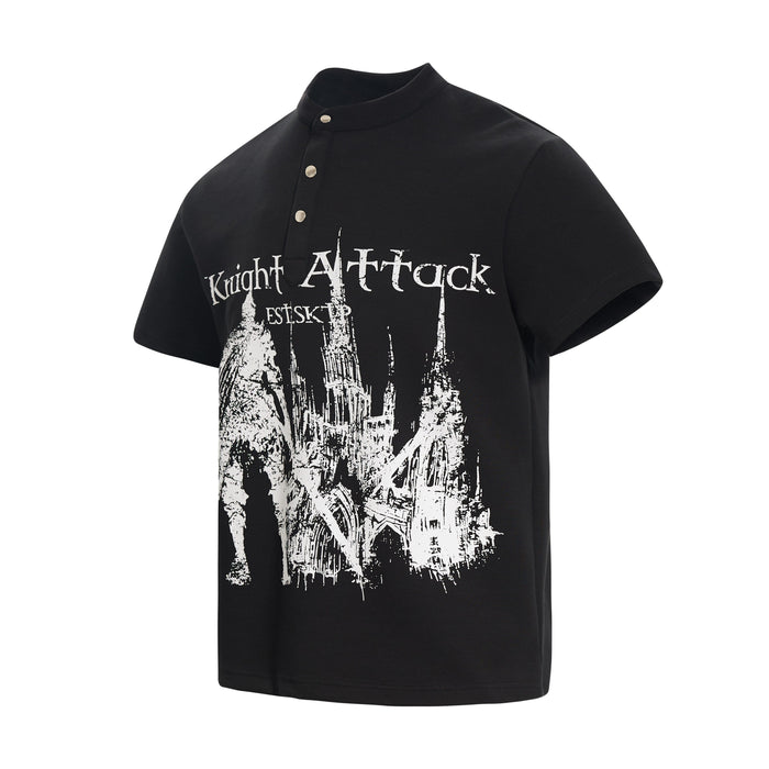 Black polo tee with white Knight Attack gothic graphic and medieval cathedral print on the front