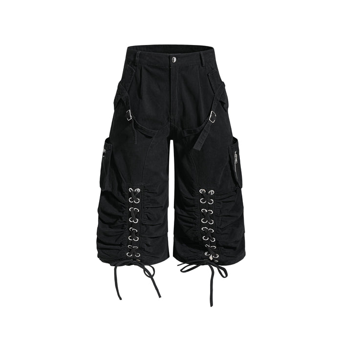 Black utility cargo shorts with lace-up front panels, front view